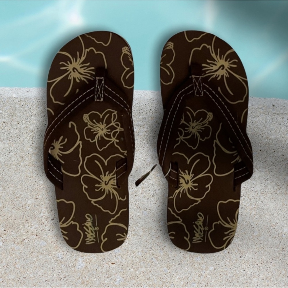 Brown Tropical Flower Flip Flops Casual Floral Unisex Non Gender Kids Size L 3/4